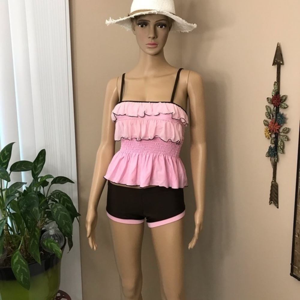 Pink & Brown Ruffle Two-Piece Swimsuit Sz Small
